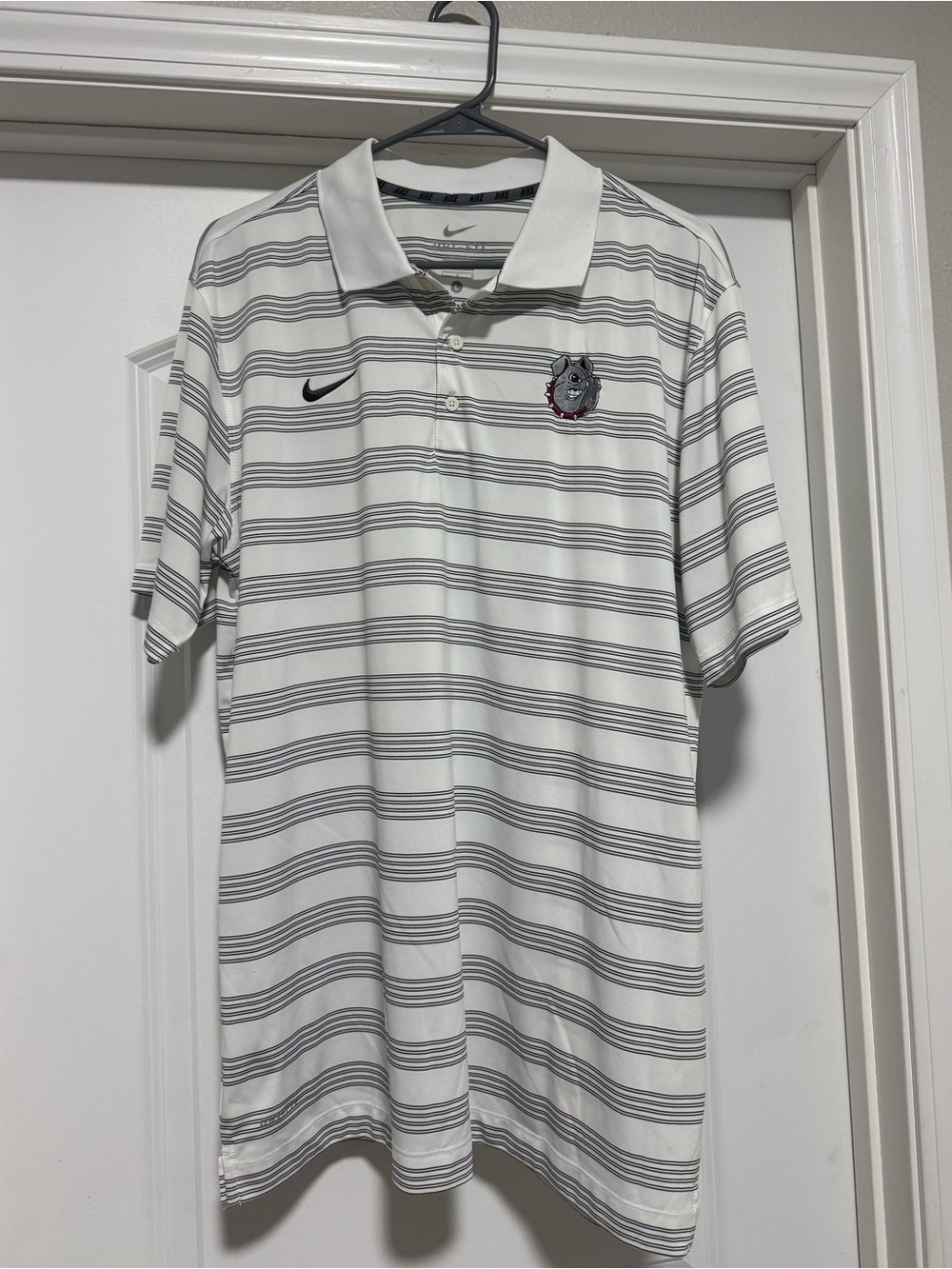 Nike Men’s White Polo with Gray Horizontal Stripes with Embroidered Bulldog